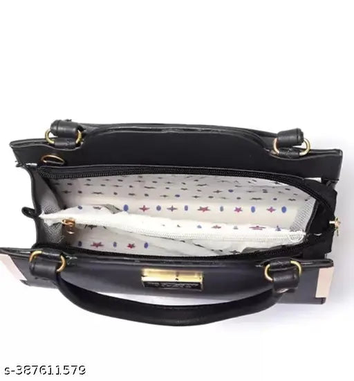 Black leather girl's handbag with zip closure and multiple card slots
