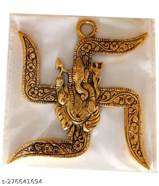 Golden Swastik Ganesha Wall Hanging, decorative door side metal sculpture for Indian home decor