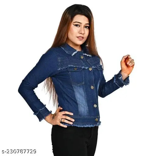 Solid rough denim women's jacket, long sleeves, Morvi collection, cotton blend fabric, ideal for casual and occasion wear