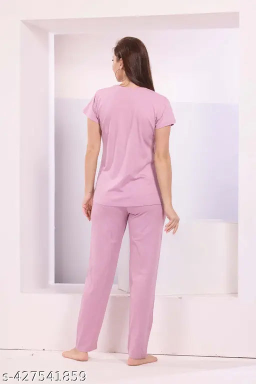 Trendy cotton blend printed night suit with short sleeves, available in black, maroon, gray, purple, pink, wine, firoji blue, olive green, and navy blue. Machine washable