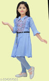 Modern crepe kids' kurta cum frock set with matching leggings for girls, 6-7 years, solid pattern