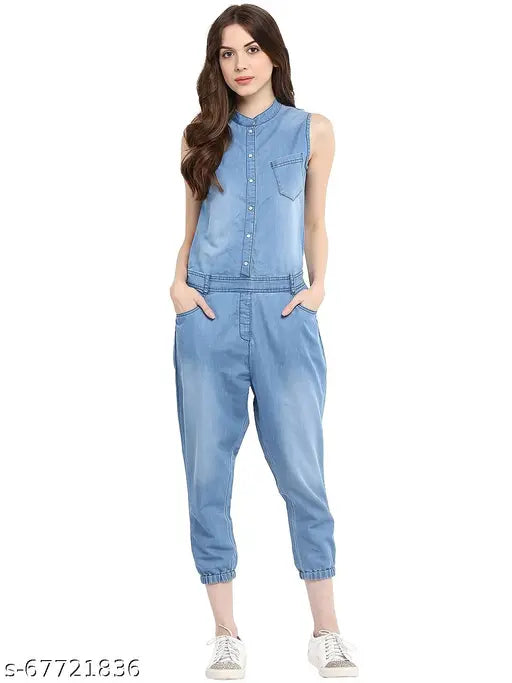 Blue denim sleeveless jumpsuit with mandarin collar by StyleStone, size L (36in bust, 34in waist, 40in hip)