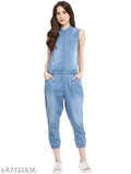 Blue denim sleeveless jumpsuit with mandarin collar by StyleStone, size L (36in bust, 34in waist, 40in hip)