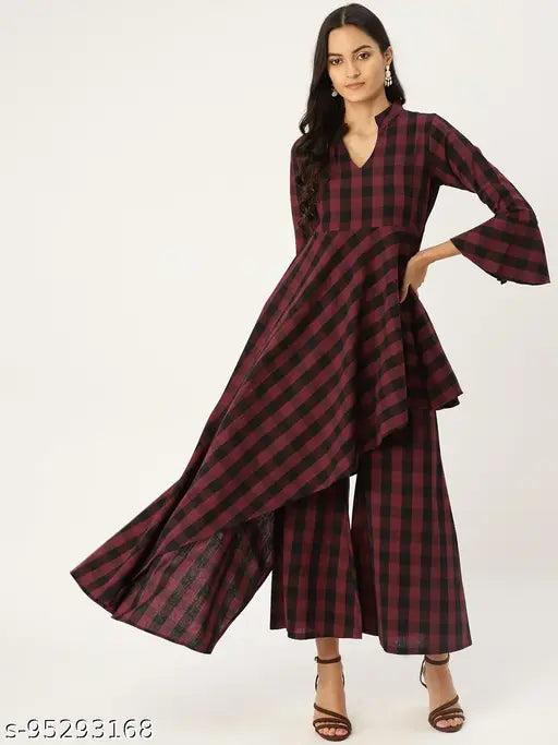 Mbe maroon cotton asymmetric flared kurta with mandarin collar and elasticated palazzos set - India, checked pattern, three-quarter sleeves