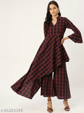 Mbe maroon cotton asymmetric flared kurta with mandarin collar and elasticated palazzos set - India, checked pattern, three-quarter sleeves