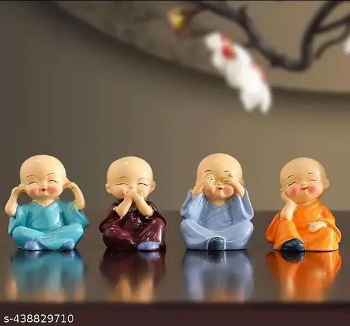 Smiling Buddha-Gandhi Ji lessons Mini Set of 4 (India), religious idols for car, home, living room, office decor & Diwali, New Year, Christmas Xmas gifting
