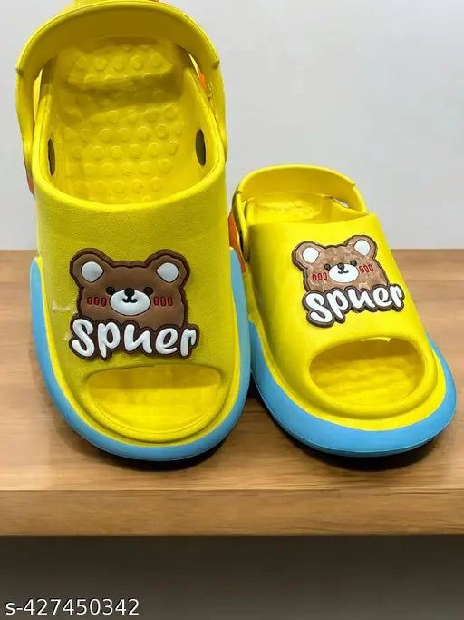 Yellow and blue clogs with 'Spuper' logo