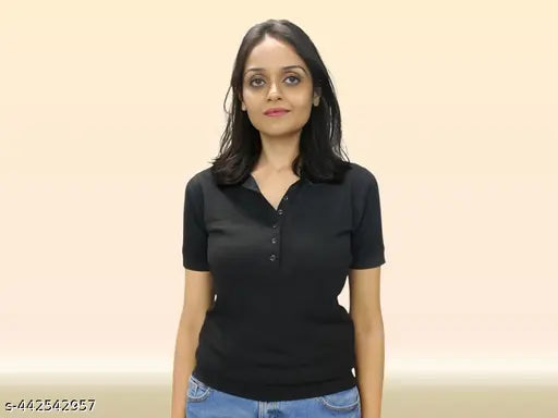Solid black cotton blend polo t-shirt, short sleeves, versatile essential for women & girls