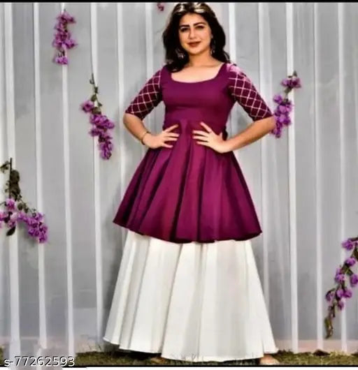 Stylish short rayon kurti with sharara palazzos - Indian women's fashion for casual or evening events