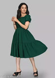 Green rayon casual dress, knee-length, round neck, full sleeves
