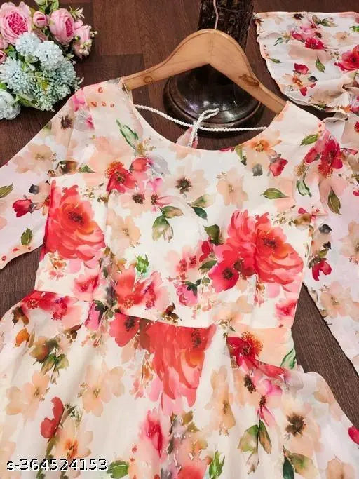 Peach Georgette maxi dress with floral pattern, off-shoulder design