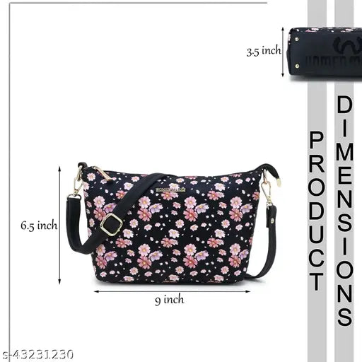 Black sling bag, floral print, crossbody strap