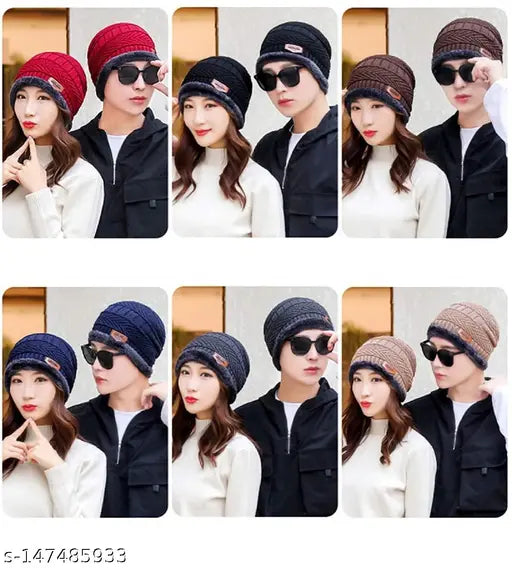 Womens winter knitted beanie hat, faux fur pom, pack of 1 set