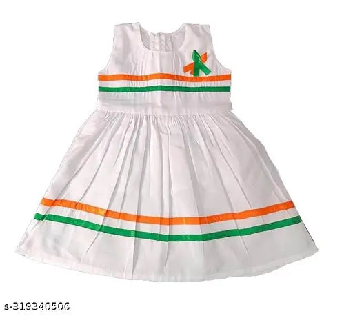 White cotton sleeveless frock with tricolor print, plain Tiranga style dress for girls, Republic Day, Independence Day, customizable self design