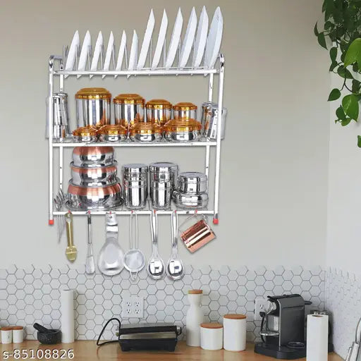 Modern kitchen storage rack with stainless steel finish, holding 3 layers of cooking utensils and cookware, suitable for contemporary kitchens