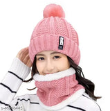 Pink winter beanie cap set, soft warm ball cap inside fur woolen beanie, snow proof, scarf included for women girl