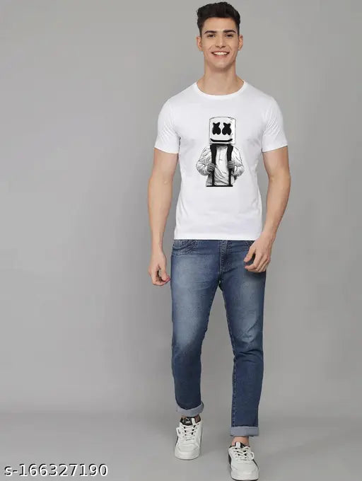 White striped DJ Marshmello print polyester t-shirt, premium cotton, machine washable