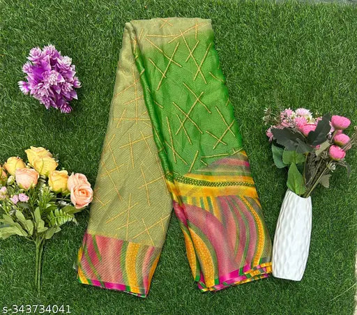 Moss chiffon braso gold zari silk printed wedding saree with running blouse - Indian festive party collection