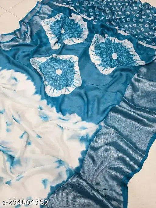 Shibori Bandhani printed moss chiffon saree in free size, vibrant Indian print on transparent chiffon fabric