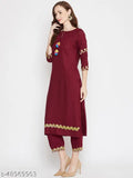 WineRed Embroidered Rayon Kurta and Palazzo Set, Indian traditional embroidered maroon women's outfit with three-quarter sleeves and matching palazzos, made from rayon fabric