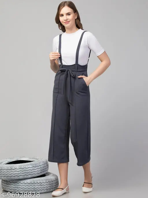 Grey polyester dungaree with white t-shirt, women's casual outfit for fashionable everyday wear