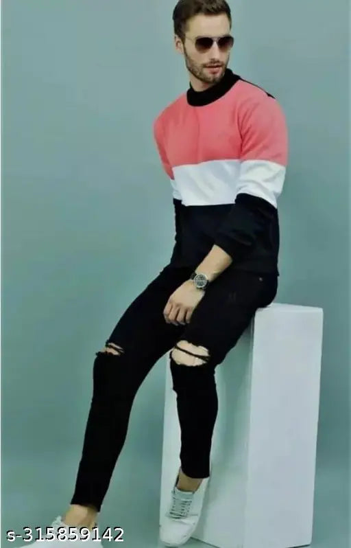 Black cotton blend ripped knee jeans for men, flaying design with net pattern, size 34/36 inches