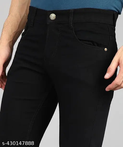 Black denim men's jeans for everyday use, solid pattern, size 28/30/32/34. Indian-made black jeans pant on display
