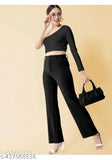 Trendy feminine black high-waisted pants with crop top