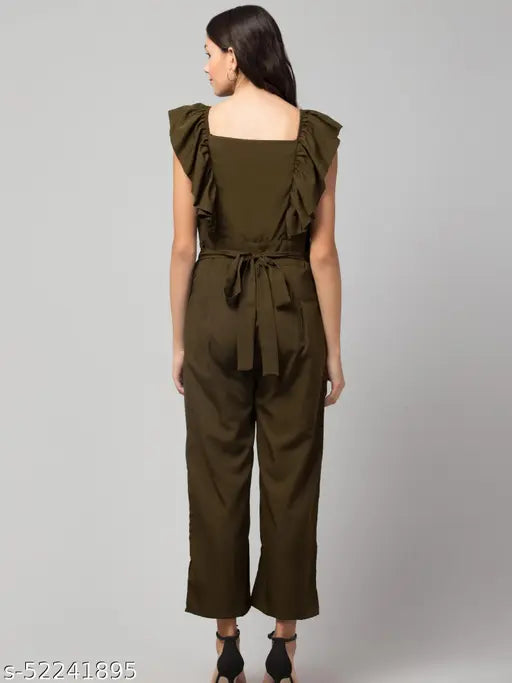 Crepe, short-sleeved casual jumpsuit for women with frill details and button front, India-made