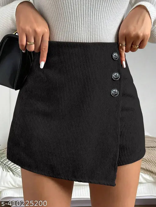 Fashionable short women skirt with two buttons, black ribbon trim