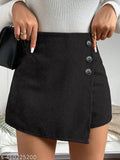 Fashionable short women skirt with two buttons, black ribbon trim