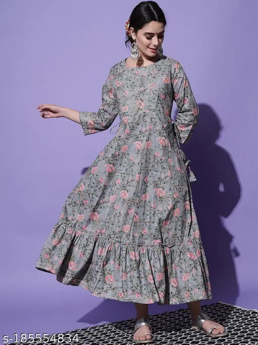 Deep neck womens embroidered anarkali kurta with floral print and flowy style