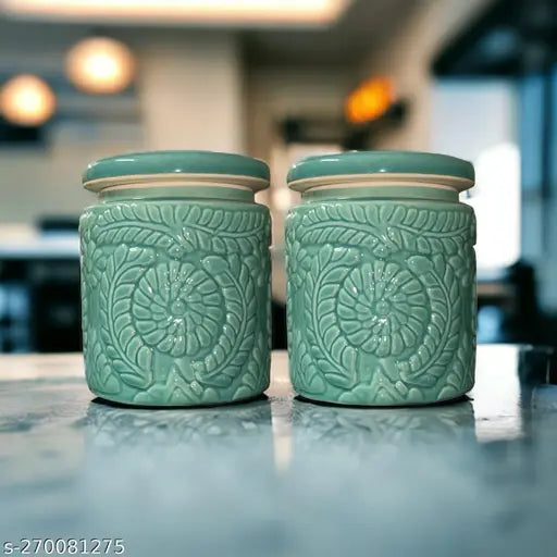 Turquoise ceramic floral pickle jars (1000 ml each), set of 2 for versatile kitchen storage