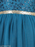 Teal blue embroidered net kid's party dress, short sleeves and full length, perfect for 1-2 year old girls