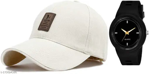 Black cotton baseball cap with adjustable fit and round dial silicone strap black analog watch pack of 2, sporty and stylish combo for men and boys, popular Diwili offer from India