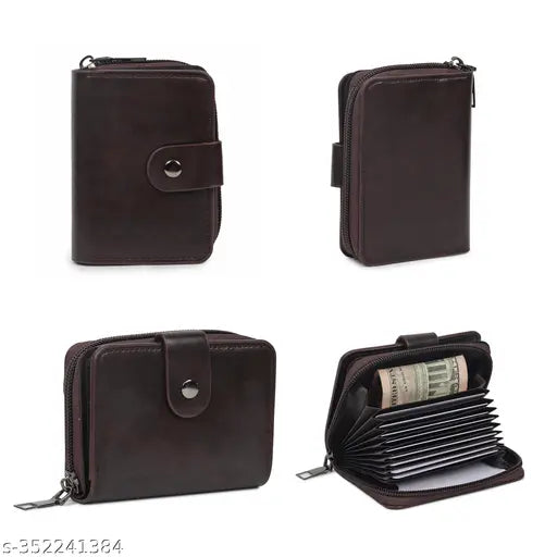 Brown faux leather card holder wallet, compact with 8 card slots, 2 cash compartments, and 9 additional card slots. Ideal for daily use, travel, or gifting. Perfect for purses or bags. Made in India