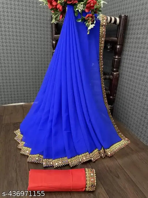 Blue lace saree with embellished borders