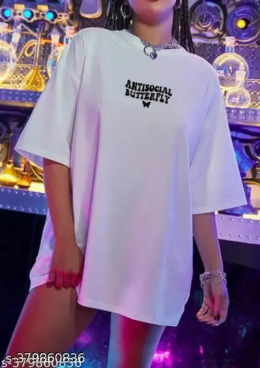 Antisocial Butterfly oversize boyfriend T-shirt, women's crew neck, white color