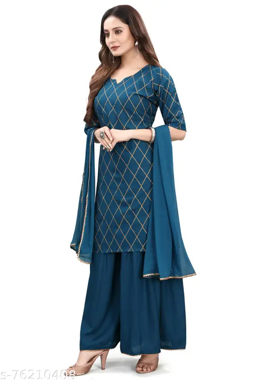 Blue rayon dachima kameez with matching sarara and dupatta set, long sleeves