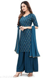 Blue rayon dachima kameez with matching sarara and dupatta set, long sleeves
