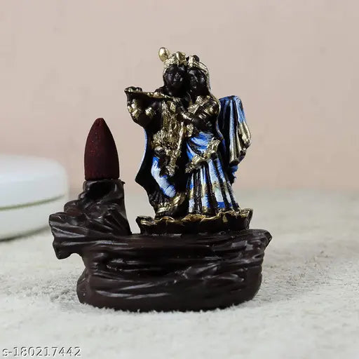 Polyresin faux waterfall Radha Krishna figurine incense holder decorative showpiece gift 10cm x 7cm x 10cm Idols