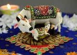 Marble Kamdhenu cow and calf showpiece idols, hand-crafted with high shine finish, 12cm x 12cm x 10cm, spiritual decor for home or gift