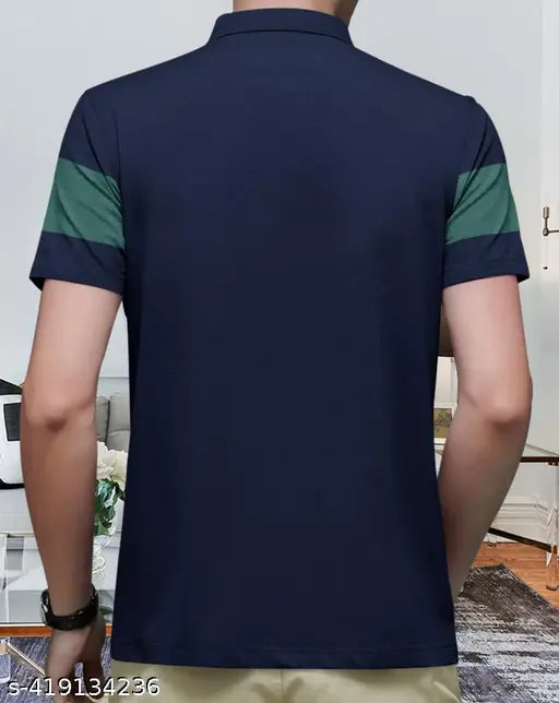 Mens cotton blend half sleeve striper polo neck t-shirt with colorblocked pattern, perfect for casual outings or workwear, machine washable