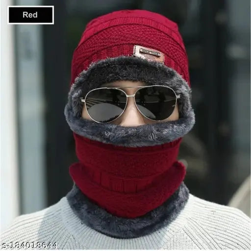 Red woolen beanie cap with balaclava and cotton gloves set - Extra cold protection for men & women, VERY WARM product for winter season, Indian origin