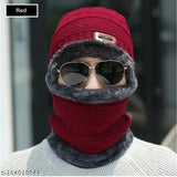 Red woolen beanie cap with balaclava and cotton gloves set - Extra cold protection for men & women, VERY WARM product for winter season, Indian origin