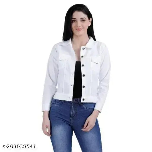 White denim jacket with long sleeves, solid design for men or women, size S (34in bust, 21in length)