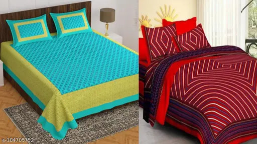 Cotton Jaipuri double bedding combo pack, 2 bedsheets and 4 pillow covers in blue, red and yellow colors