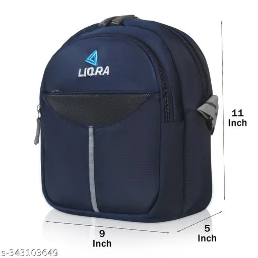 A navy blue cross-body sling bag with a front pocket and adjustable shoulder strap