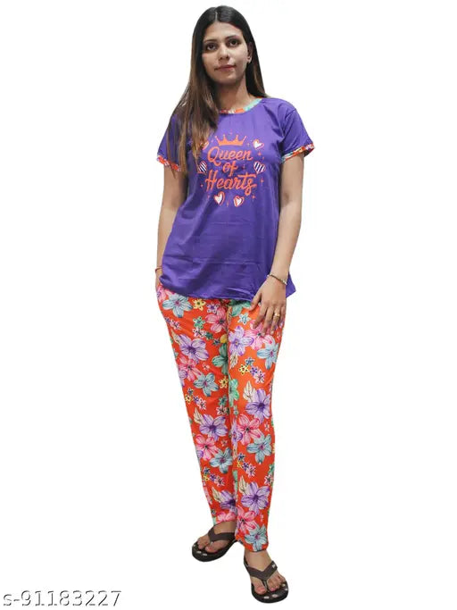 Matelco women's cotton printed nightsuit pajama set, round typography design on short-sleeved pyjamas and t-shirt, M (38/27/39/38) & L (40/27/41/38) sizes