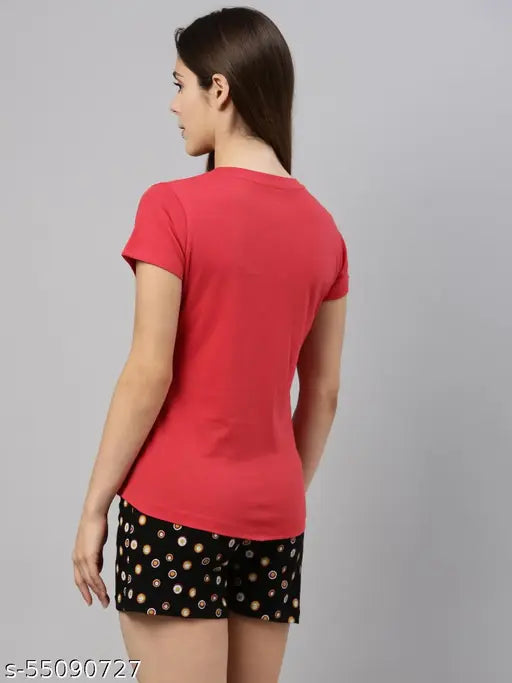 Cotton Curare Women's T-Shirt and Shorts Set, printed net pattern, short sleeves, India origin